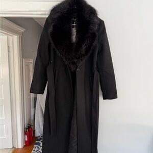 NWT Zara Black Wool Coat with Faux Fur Lapel and Belt